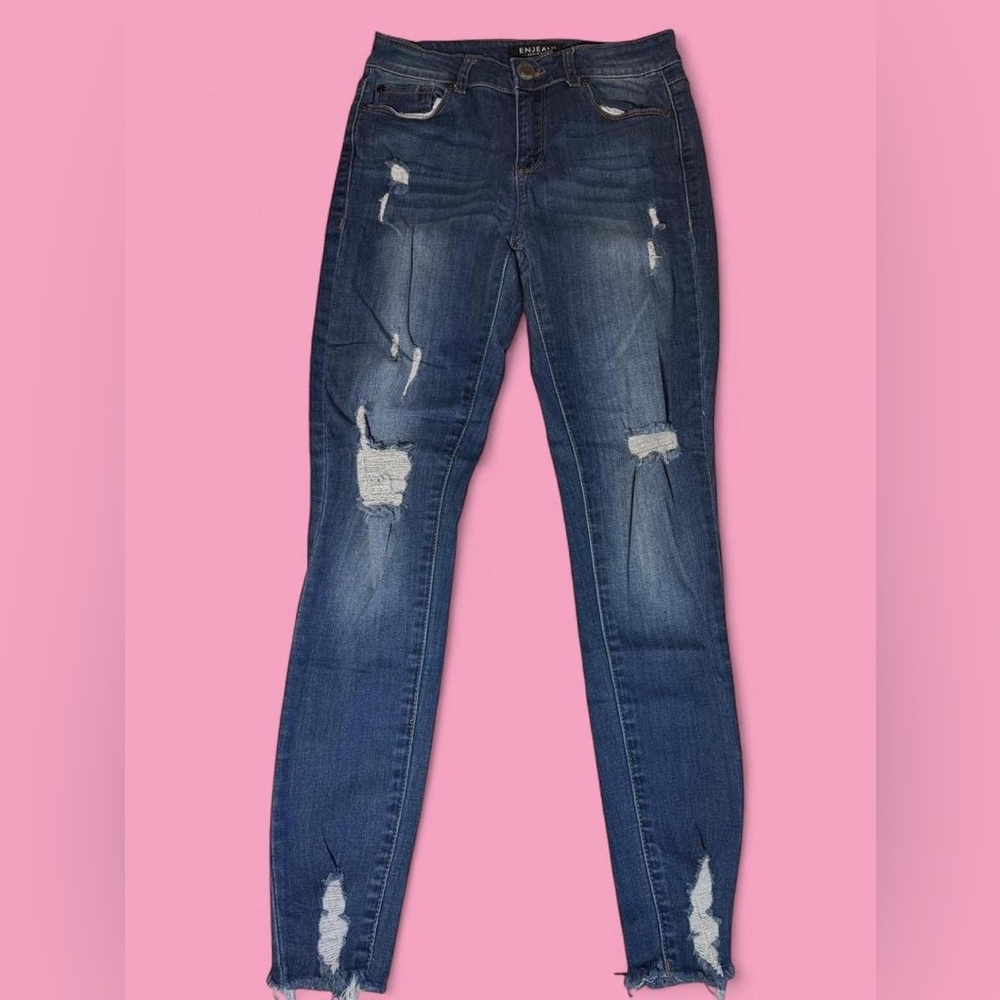 Enjean Women's Distressed Skinny Jeans - Dark Blue View 3